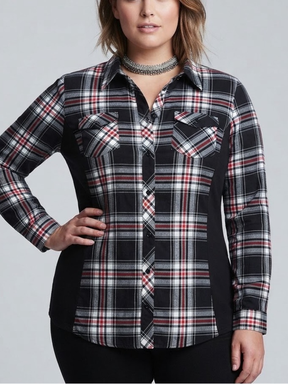 ALIA Black, White & Red Plaid Button-Front Shirt with Black Side Panels size 18